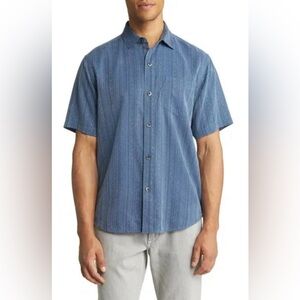 Tommy Bahama Mens Button Up Shirt Hawaiian Salt Island Stripe Silk Blue Size XL